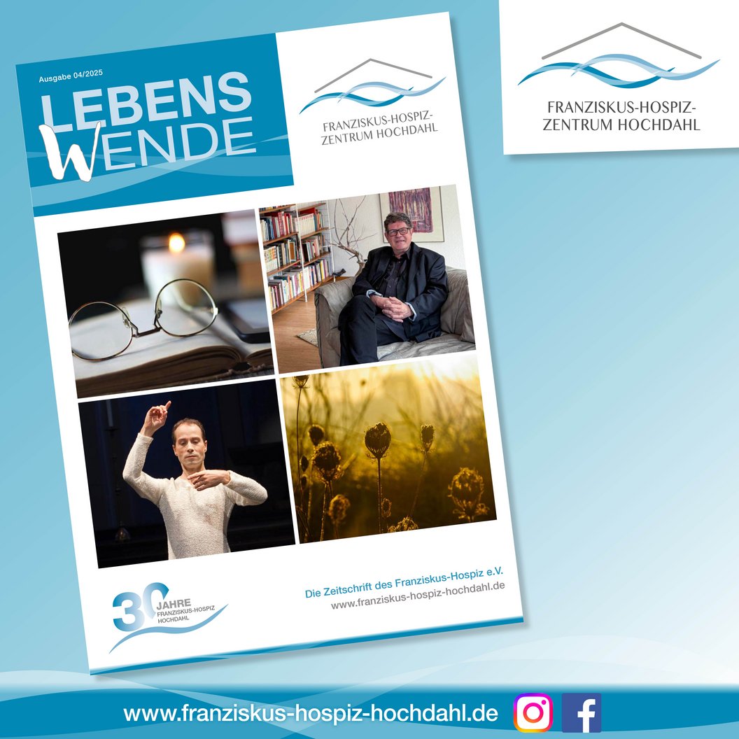 Titelseite der Zeitschrift 'Lebenswende' mit vier Fotos: Brille auf Buch, sitzende Person, tanzende Person, Pflanzen im Gegenlicht. Logo des Franziskus-Hospiz-Zentrums Hochdahl.