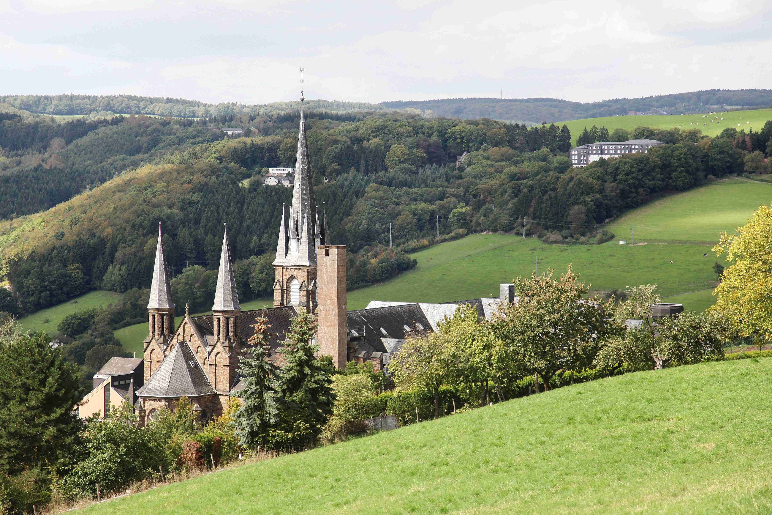 Kirchtürme in einer grünen Hügellandschaft mit Wald und Wiesen im Hintergrund