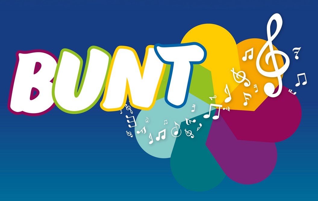 Das Wort 'BUNT' in bunten Großbuchstaben vor einem mehrfarbigen, blumenförmigen Hintergrund mit weißen Musiknoten und einem Violinschlüssel