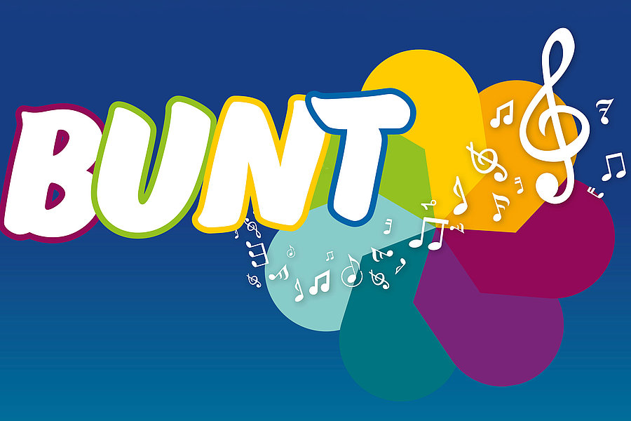 Das Wort 'BUNT' in bunten Großbuchstaben vor einem mehrfarbigen, blumenförmigen Hintergrund mit weißen Musiknoten und einem Violinschlüssel