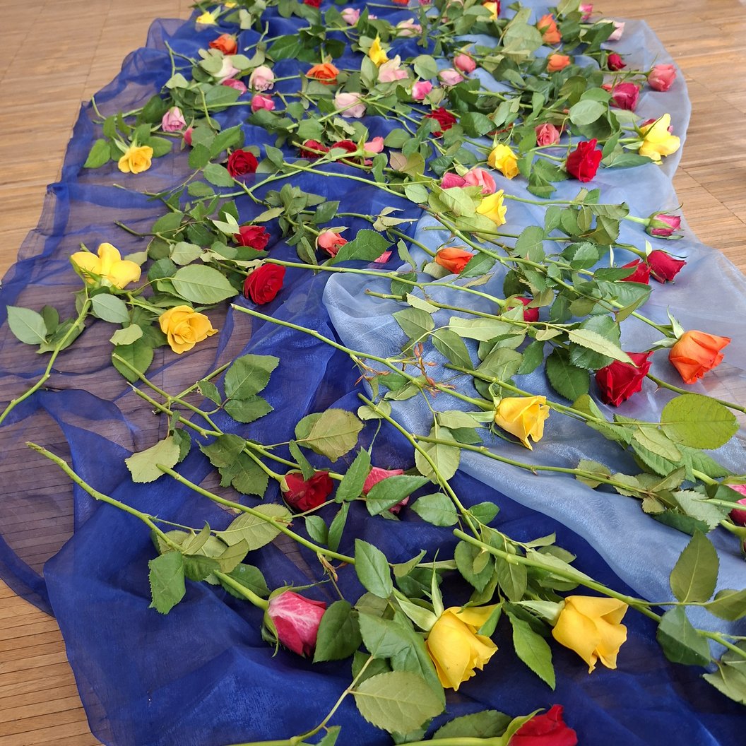 Mehrere langstielige Rosen in verschiedenen Farben liegen auf einem blauen Stoff ausgebreitet auf einem Holzboden