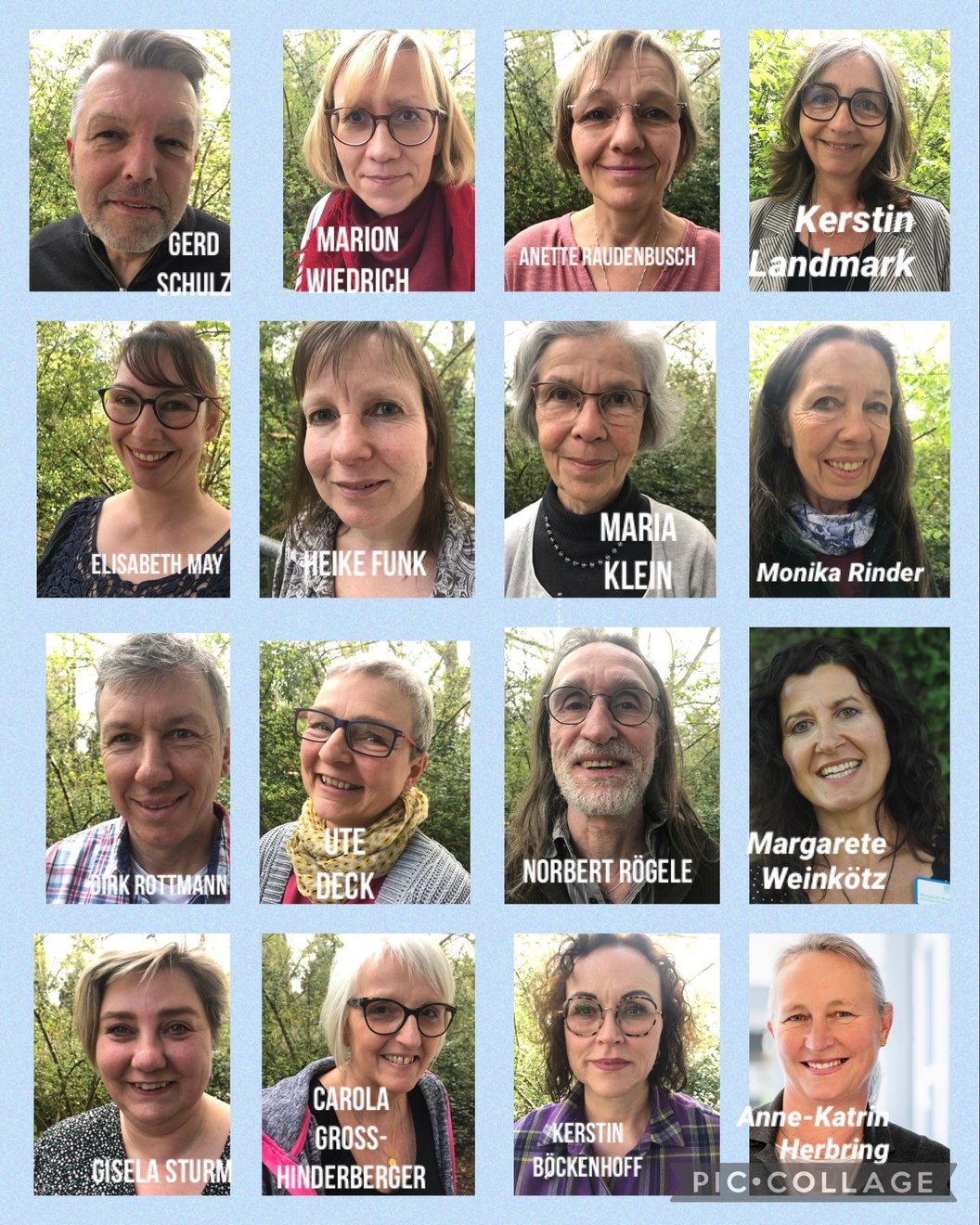 Porträtfotos von Personen mit Namensbeschriftungen darunter, angeordnet in einem Raster vor einem grünen Hintergrund.