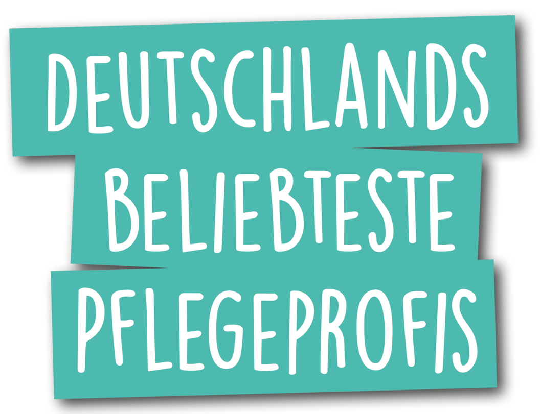 Türkisfarbene Rechtecke mit weißer Schrift 'DEUTSCHLANDS BELIEBTESTE PFLEGEPROFIS' auf schwarzem Hintergrund