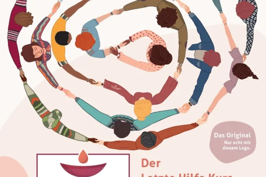 Menschen bilden einen Kreis und halten sich an den Händen, darunter das Logo von Letzte Hilfe mit einer brennenden Kerze und Text zu einem Kurs über Sterbebegleitung.