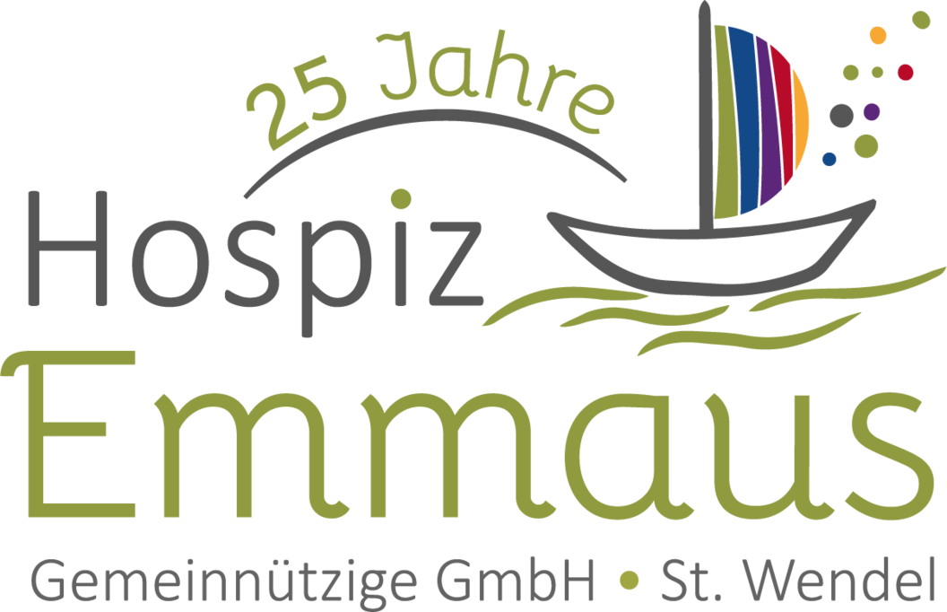Logo mit dem Text '25 Jahre Hospiz Emmaus Gemeinnützige GmbH St. Wendel' und einem stilisierten Boot mit einem bunten Segel