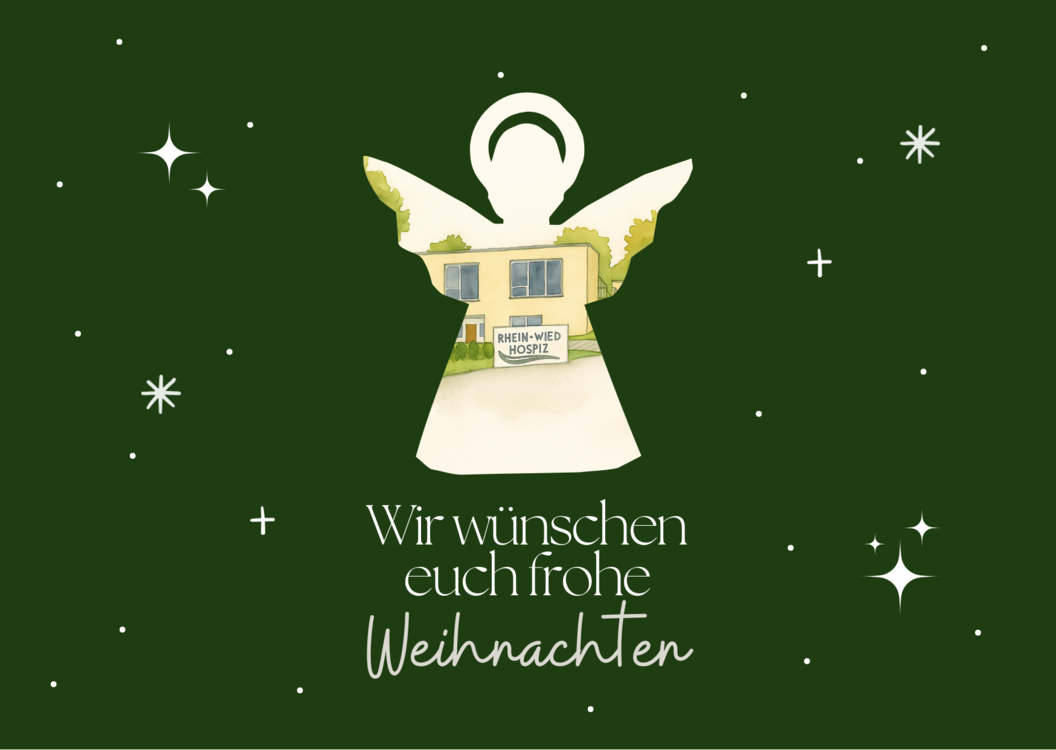Weihnachtsgruß mit einem Engel, umgeben von Sternen auf grünem Hintergrund und dem Text 'Wir wünschen euch frohe Weihnachten'.