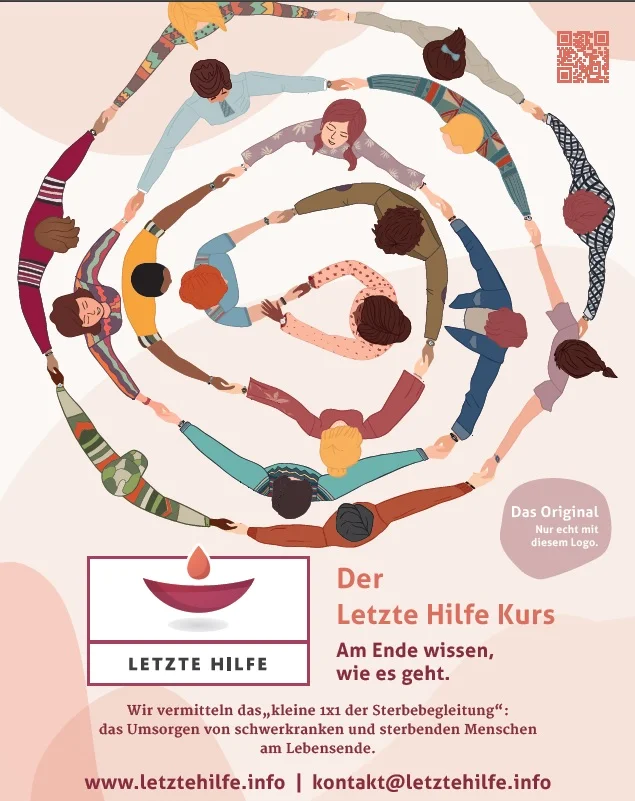 Menschen bilden einen Kreis und halten sich an den Händen, darunter das Logo von Letzte Hilfe mit einer brennenden Kerze und Text zu einem Kurs über Sterbebegleitung.
